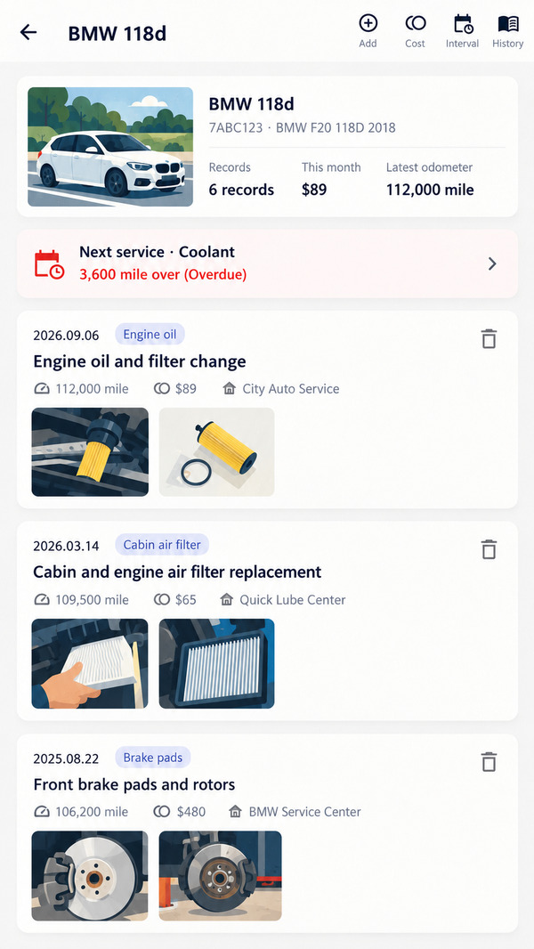 Real app screen showing the next service notice and a BMW service history with photos