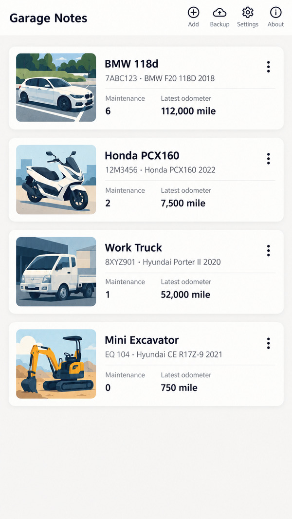 Real app home screen listing four vehicles (a car, a scooter, a truck and a mini excavator) with service counts and latest odometer